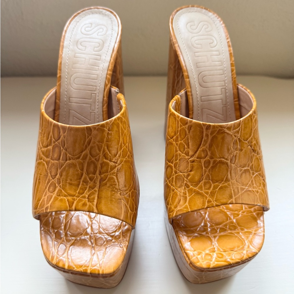 SCHUTZ Croc-Embossed Platform Mules in Cognac Tan - Picture 3 of 8